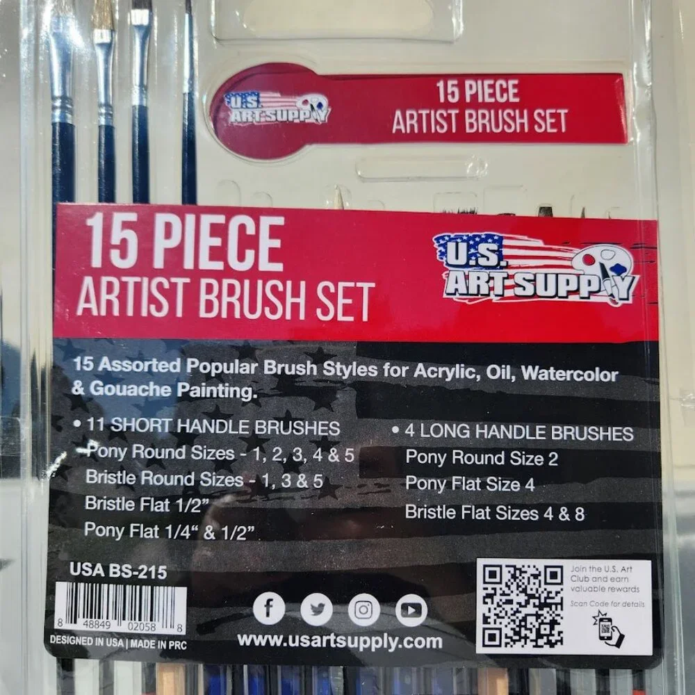 NEW Art Brushes Painting Set 15 Piece Set for Acrylic Oil Watercolor Gouache Bra